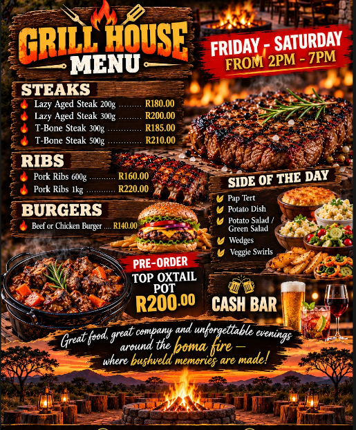 The Grill House menu flyer: steaks, ribs, burgers, oxtail pot, sides and cash bar
