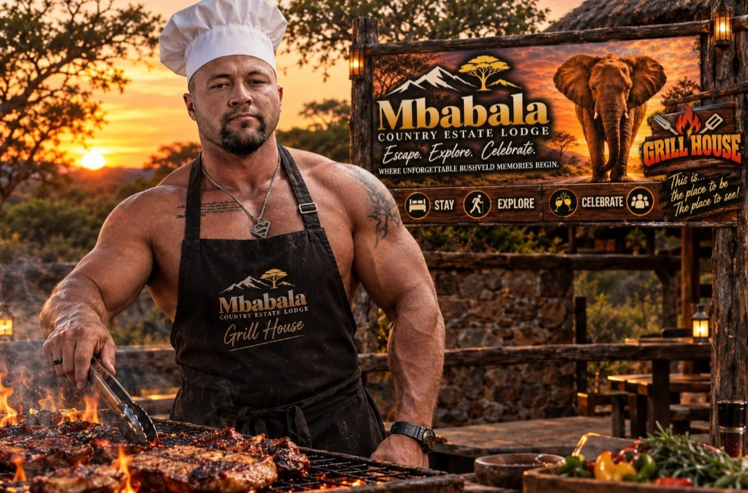 Grill master at The Grill House braaiing steaks at sunset
